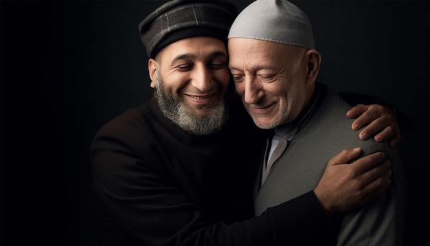 Dois homens muçulmanos abraçando e sorrindo conceito de Eid Mubarak Islã amigos parceiros de negócios abraçando