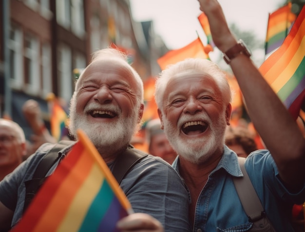 Dois homens na frente de uma bandeira do arco-íris