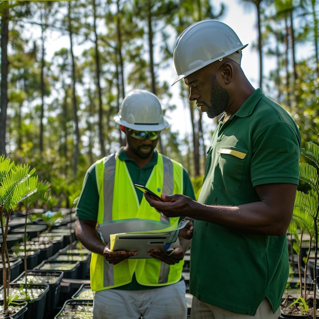 Dois homens negros em coletes e capacetes segurando um tablet e inspecionando um conceito de reflorestamento de folhas de árvores