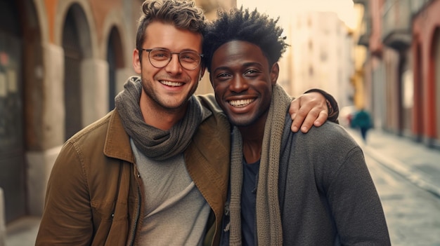 Dois homens posam para foto na rua