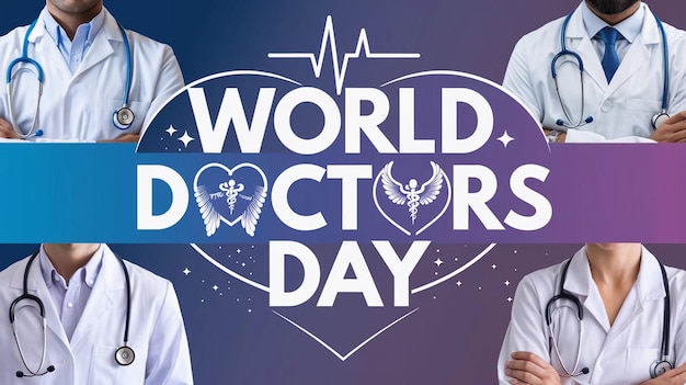 dois homens posam para uma foto com as palavras dia do médico mundial dia em um fundo roxo