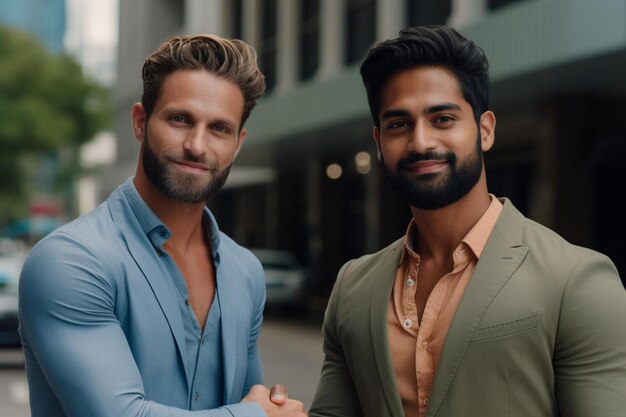 dois homens posam para uma foto na frente de um edifício