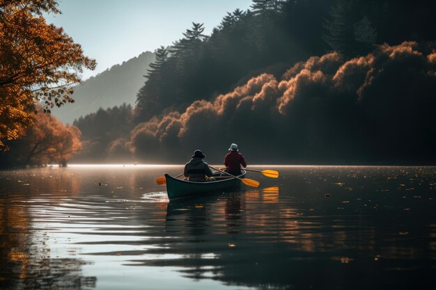 Dois homens remando uma canoa em um lago na manhã de outono