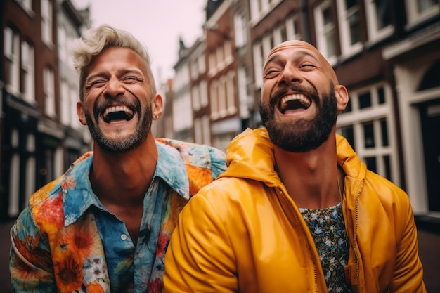 Foto dois homens rindo na frente de um prédio