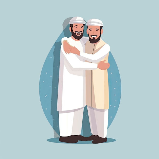 Dois homens se abraçando em um fundo azul Eid Mubarak