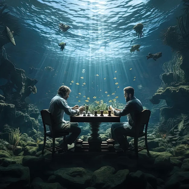 Foto dois homens sentados em uma mesa na frente de um tanque de peixes