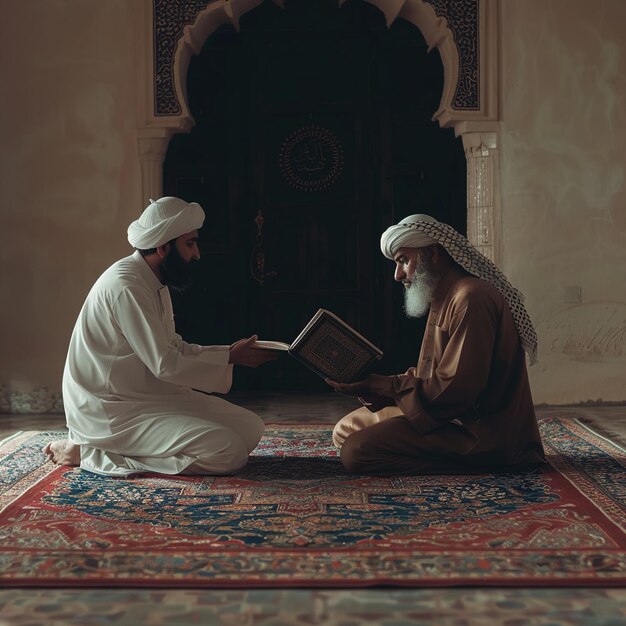 dois homens sentam-se num tapete e leem um livro