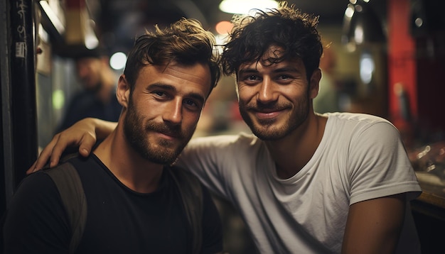 Foto dois homens sorridente desfrutando de uma noite alegre na cidade gerada pela ia