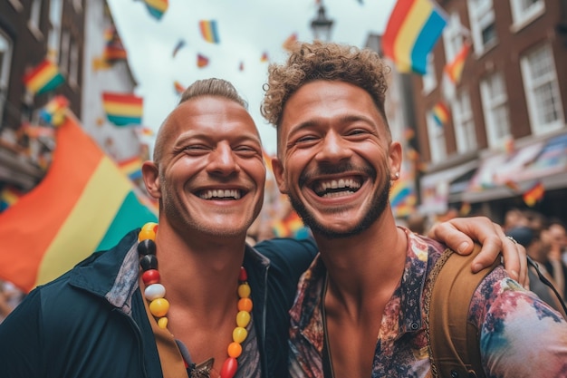 Foto dois homens sorriem para a câmera em amsterdã, na holanda.