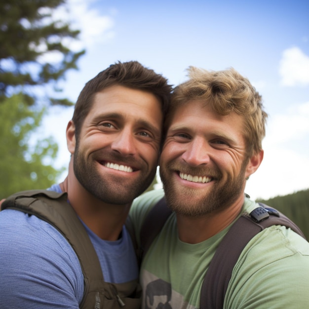 Foto dois homens sorriem para uma foto com a palavra 
