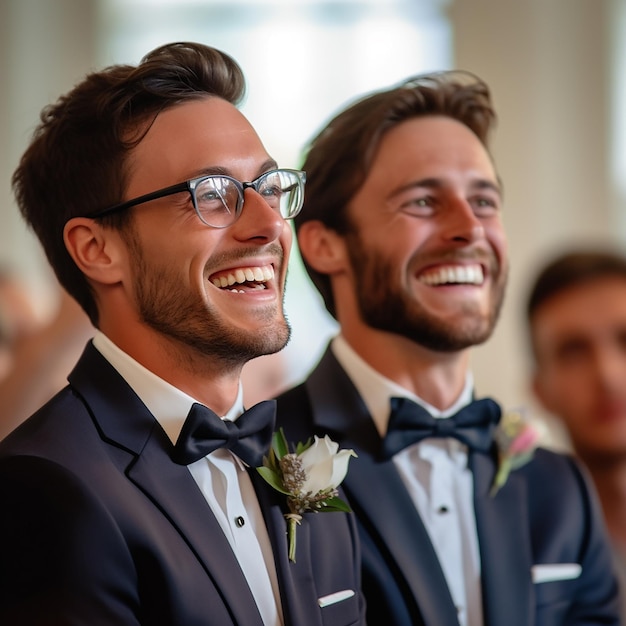 Dois homens sorrindo alegremente em trajes formais, possivelmente em um evento de celebração