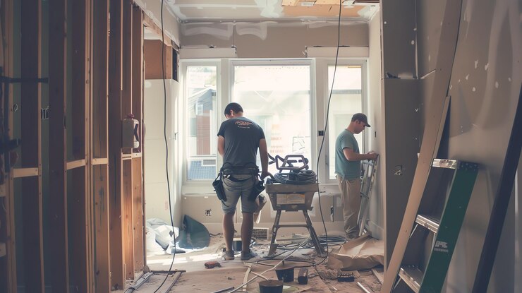 Foto dois homens trabalhando em uma sala com uma grande janela e um homem trabalhando em um projetor