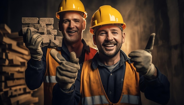 Dois homens usando capacetes amarelos e segurando uma placa que diz 'construção'