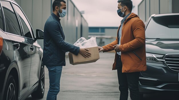Dois homens usando máscaras estão entregando uma caixa de comida para um carro.