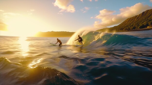 Foto dois humanos a surfar no oceano contra uma ia generativa de vista da montanha