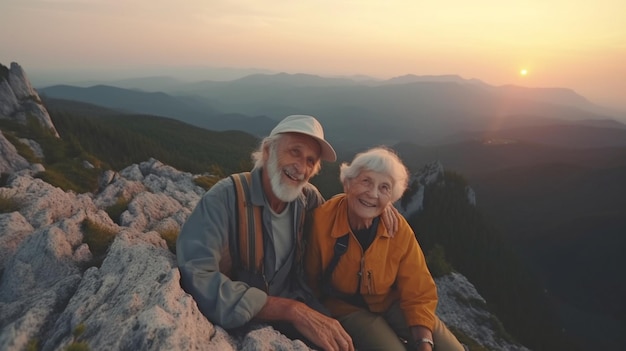 Dois idosos alegres e enérgicos se divertindo no topo da montanha no final da tarde Generative AI