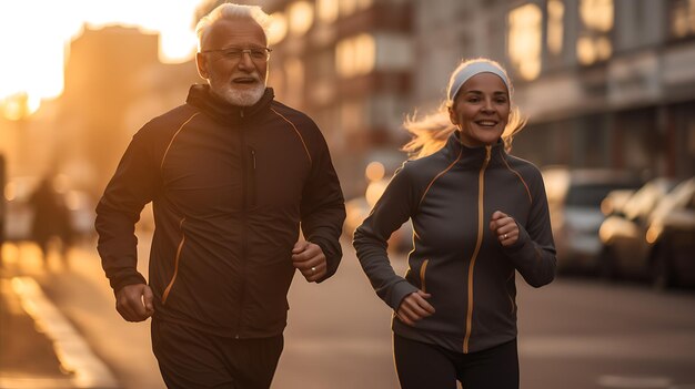 Dois idosos estão fazendo exercícios aeróbicos correndo pela rua Criado com tecnologia Generative AI