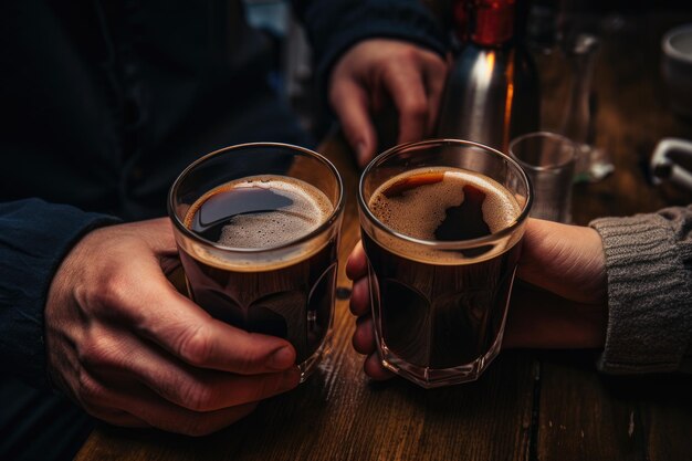 Dois indivíduos desfrutam de suas bebidas enquanto seguram copos de cerveja em uma mesa. As mãos das pessoas segurando xícaras de café geradas por IA.