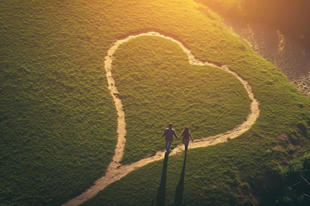 Dois indivíduos em pé em um caminho em forma de coração Um casal de mãos dadas caminhando em um caminho Em forma de coração Gerado por IA