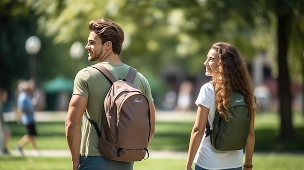 Dois indivíduos participam de exercícios ao ar livre, caminhando em ritmo acelerado por um caminho ensolarado, cada um usando uma mochila iluminada por um brilho quente.