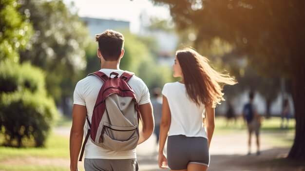 Dois indivíduos participam de exercícios ao ar livre, caminhando em ritmo acelerado por um caminho ensolarado, cada um usando uma mochila iluminada por um brilho quente.