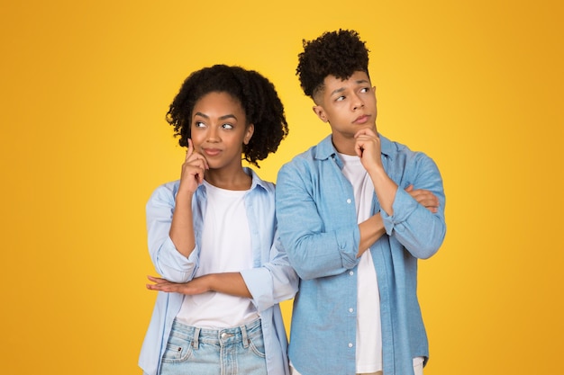 Dois irmãos afro-americanos atenciosos em trajes de jeans casuais estão lado a lado