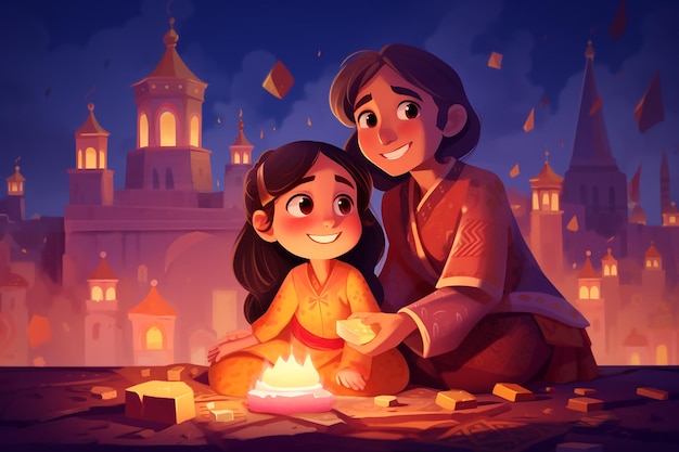 Dois irmãos indianos acendendo uma lamparina a óleo na ilustração dos desenhos animados da celebração da noite de Diwali