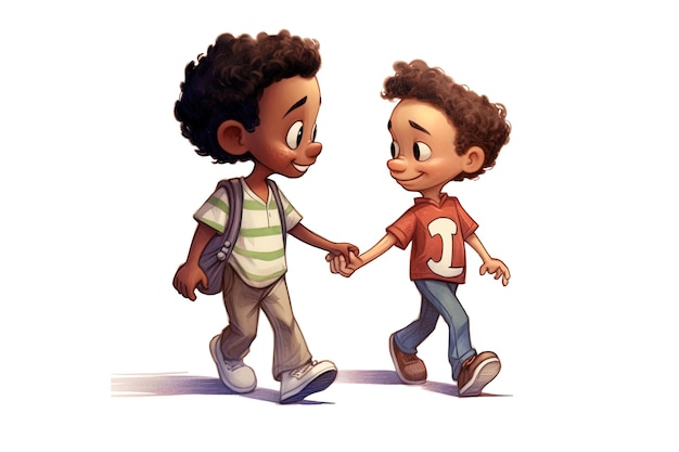 Dois irmãos negros fofos andando pela estrada, um grande e outro pequeno, mostrando carinho e cuidado, fundo branco dos desenhos animados no estilo Disney, de volta para a câmera IA generativa