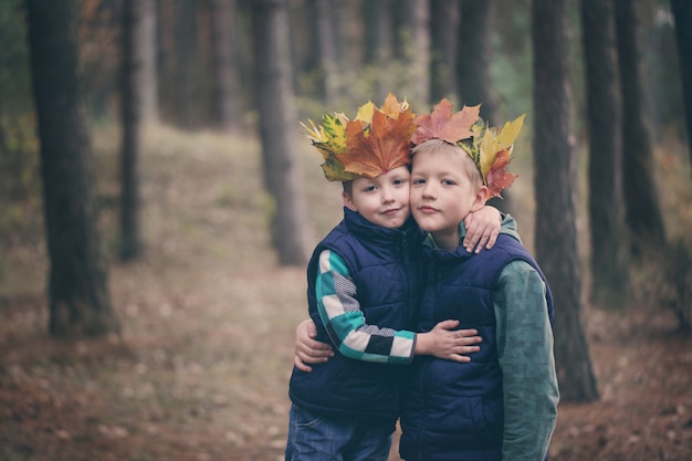 Dois irmãos que afagam em uma floresta no dia do outono.