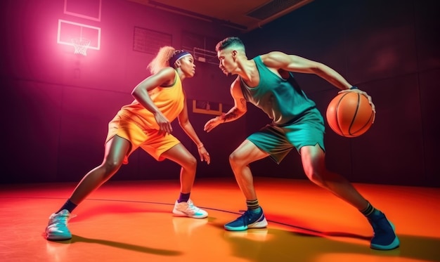 Dois jogadores de basquete em uma academia, um dos quais está vestindo uma regata verde e o outro vestindo uma regata verde.