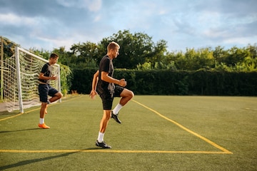 Dois jogadores de futebol masculinos deitado na grama do campo, vista  superior. jogador de futebol no estádio ao ar livre, treino antes do jogo,  treino de futebol