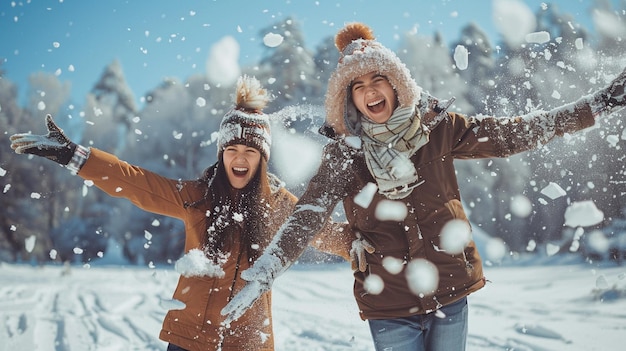 Dois jovens a divertir-se na neve.