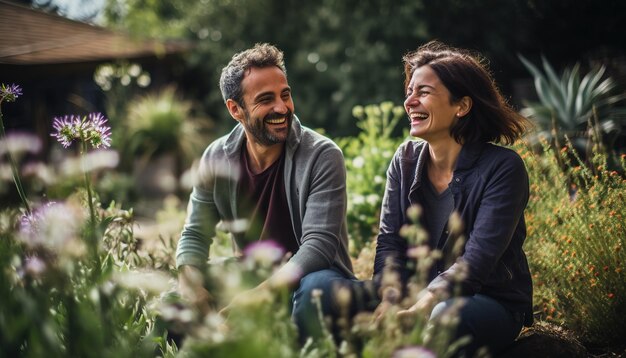 Foto dois jovens adultos rindo num jardim