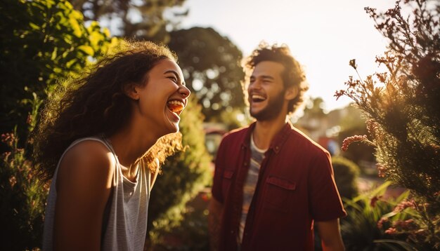 Foto dois jovens adultos rindo num jardim