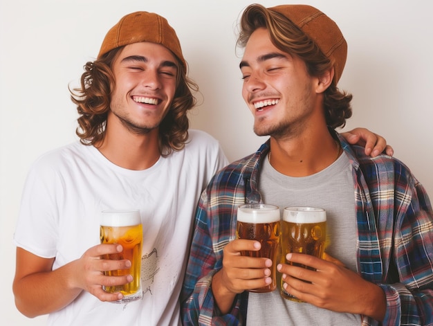 Foto dois jovens amigos a rir e a desfrutar de cervejas frias juntos.