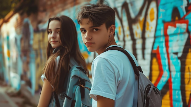 Dois jovens amigos, um menino e uma menina, estão posando em frente a uma parede de graffiti colorida. O menino está vestindo uma camiseta branca e uma mochila.