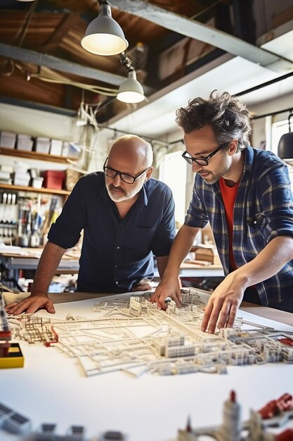 Foto dois jovens arquitetos e um engenheiro de meia-idade discutindo planos em uma arquitetura brilhantemente iluminada