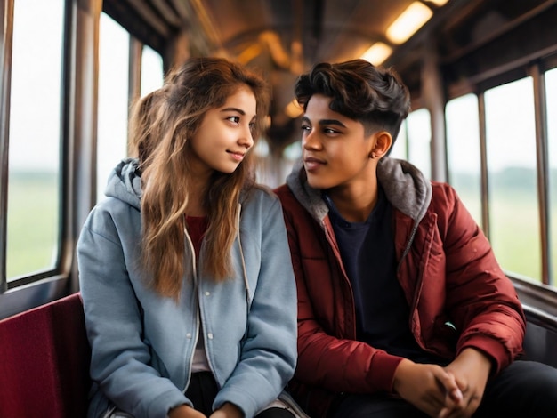 Dois jovens de 22 anos, rapaz e rapariga, amigos, sentados juntos no comboio.