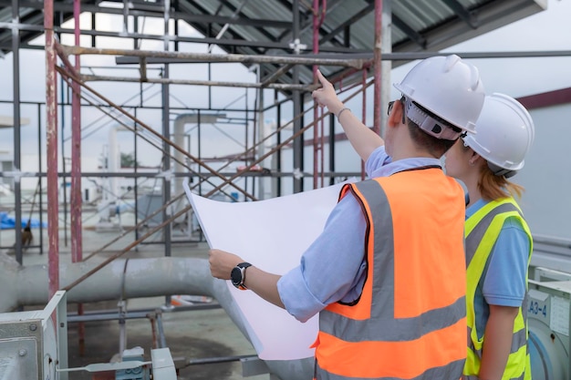 Dois jovens engenheiros trabalhando juntosDiscutam a construção de um armazémVeja os desenhos de construção para a instalação de armazenamento