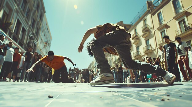 Dois jovens estão dançando breakdance em uma rua da cidade. Eles estão cercados por uma multidão de pessoas que os estão observando.