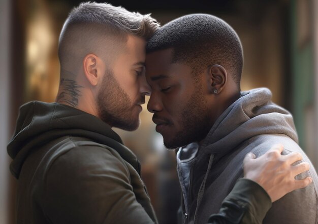 Foto dois jovens gays de raça mista abraçando um casal gay.
