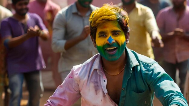 Foto dois jovens indianos com rosto colorido dançando juntos durante o festival de cores de holi