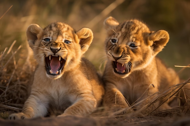 dois jovens leões brincando na grama um com o outro