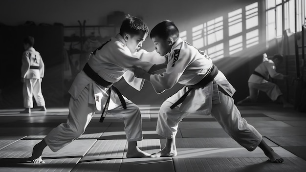 Foto dois jovens lutadores de judô em kimono treinando artes marciais no ginásio