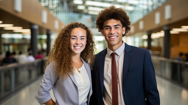 Dois jovens profissionais sorrindo em um prédio de escritórios