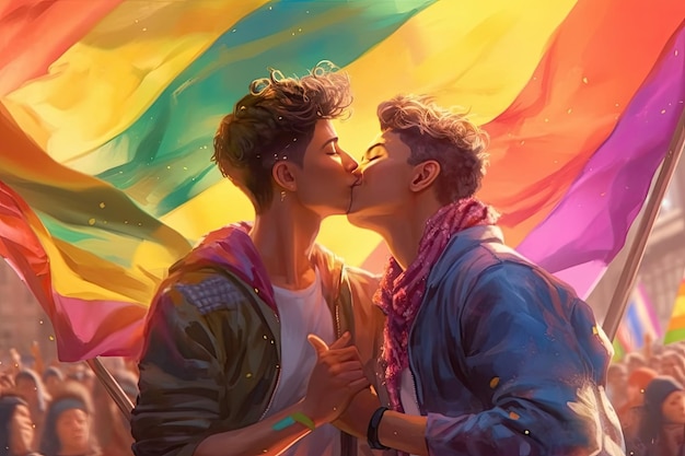 Dois jovens se beijando com bandeira LGBTQ em segundo plano caindo fitas ao redor da luz do sol colorida