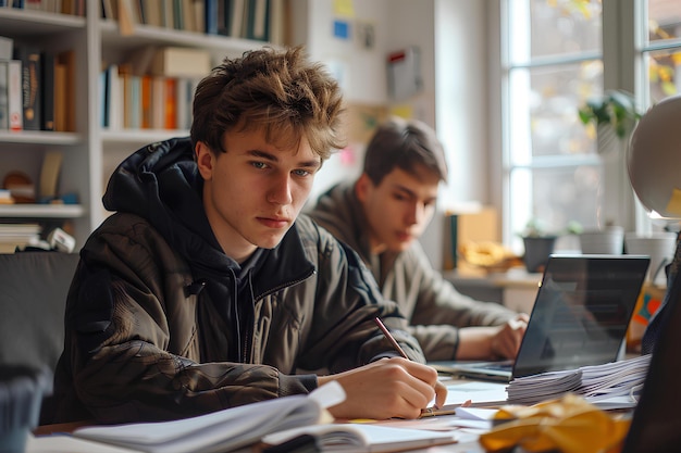 Dois jovens sentados em uma mesa trabalhando em um computador portátil e papéis na mesa ao lado deles