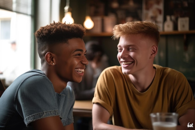 Dois jovens sorridentes conversando em seu café local criado com IA generativa