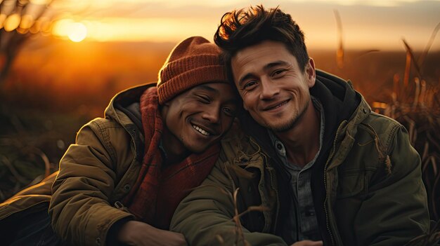 Foto dois jovens, um casal gay preto e branco, partilham um abraço alegre. os seus sorrisos irradiam felicidade.