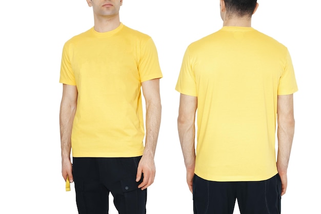 Dois lados da maquete de camisetas amarelas masculinas Modelo de design maquete